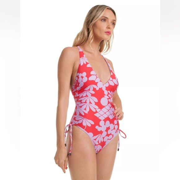 Trina Turk Bali Blossom Red Lavender High Leg One Piece Swimsuit $154 - Picture 4 of 9